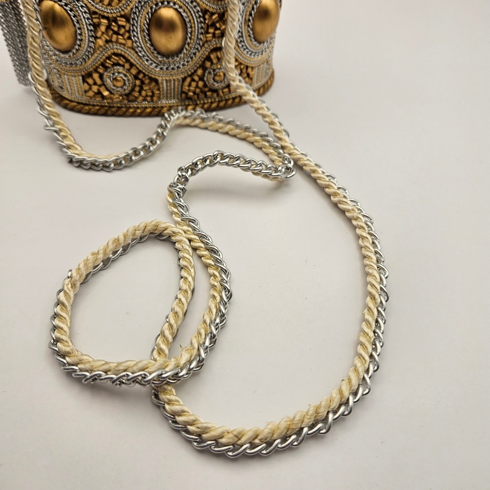 Vintage Mary Frances Gold Silver Beaded Minaudiere Evening Bag Handbag Purse - Picture 10 of 14